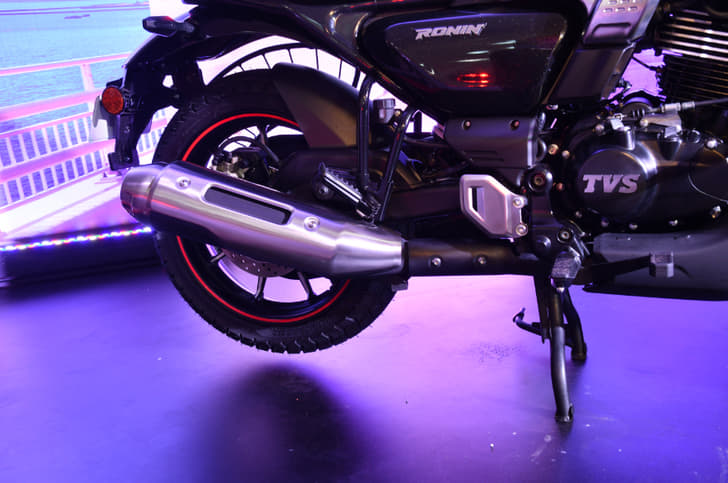 Another look at the Ronin's exhaust end-can; also visible here are the specifically-designed block-pattern TVS Remora tyres (130/70-17 at the rear).