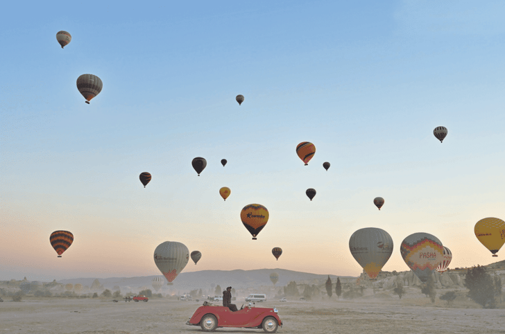 Amazing spectacle of over 100 hot air balloons taking off in Cappadocia Turkey.