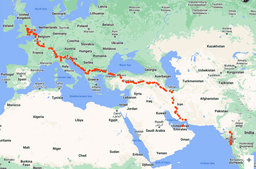 Each dot represents a place where the team spent a night - 73 days 14 countries - India, UAE, Iran, Turkey, Greece, Bulgaria, Macedonia, Albania, Montenegro, Slovenia, Croatia, Italy, Switzerland, France and finally UK.