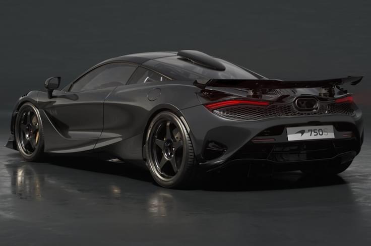 A grey McLaren 750S Le Mans Edition rear left in a studio McLaren 750S Le Mans Edition rear left grey