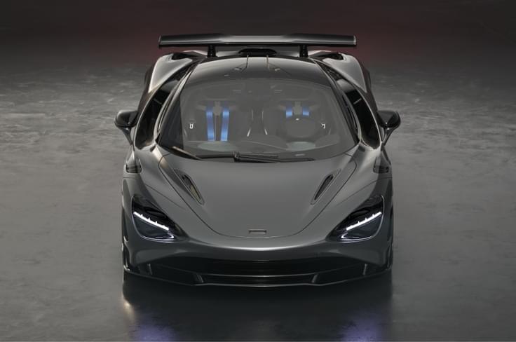 Grey McLaren 750S Le Mans Edition front center in a studio McLaren 750S Le Mans Edition front center grey