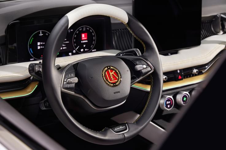 L&K logo replaces the winged-arrow Skoda logo on the steering wheel. Skoda Superb concept steering wheel L&K logo
