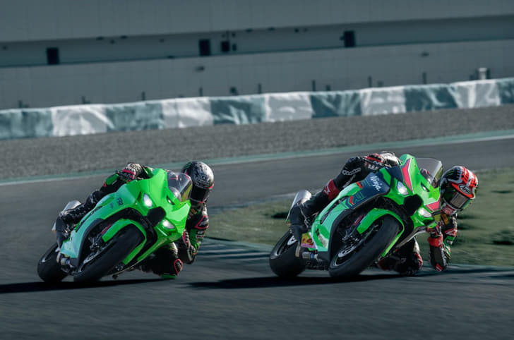 Kawasaki ZX-10R with the ZX-10RR on track, cornering