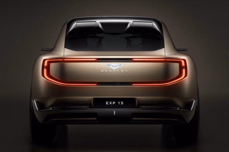 C-shaped LED strips have replaced the beautiful oval tail lamps seen in current Bentleys. Bentley EXP 15 rear