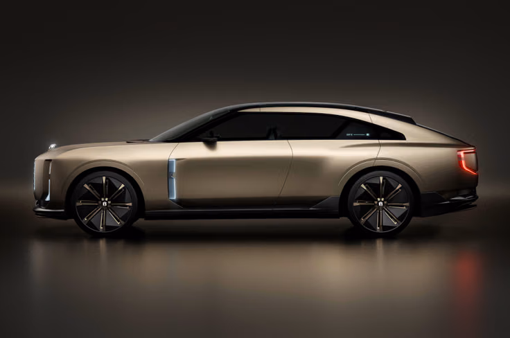 Side profile reveals a monolithic design with a high riding stance and a cab-rear silhouette. Bentley EXP 15 side profile