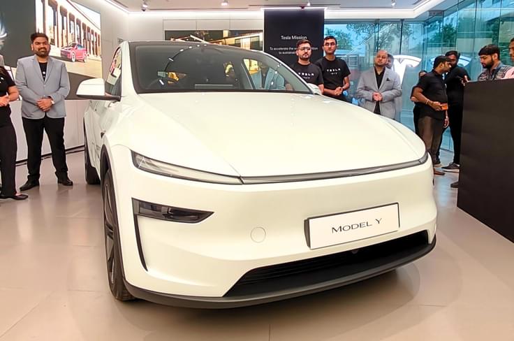 It is available in two variants in India - Standard and Long Range Tesla Model Y front quarter