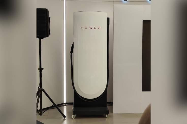 Tesla V4 Supercharger on display at Tesla India showroom. Tesla showroom India with Supercharger