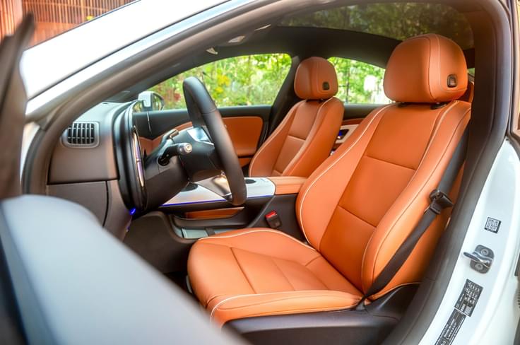 Front seats are snug and well bolstered; fit and finish are excellent, too. Mercedes-Benz CLA EV front seats