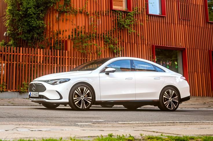 The CLA has always been a design-first sedan, and the new electric version retains its distinctive four-door coupe silhouette. Mercedes-Benz CLA EV side profile static