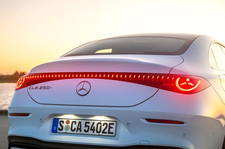 Connected LED tail lamps with three-point star motif gives it a distinctive, high-tech look. Mercedes-Benz CLA EV rear tail lights