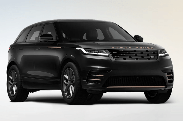 The petrol version uses a 250hp, 365Nm 2.0-litre turbo engine, while the diesel gets mild-hybrid tech with 204hp and 430Nm. Range Rover Velar Autobiography black color front angle