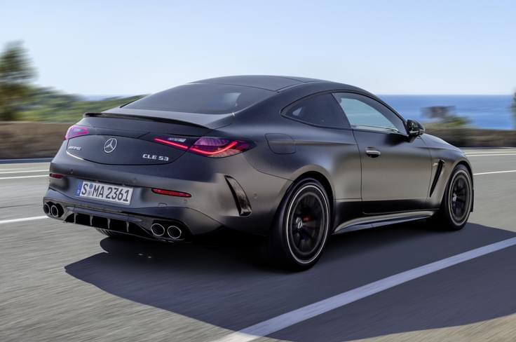 Mercedes AMG CLE 53 Coupe rear three quarter tracking Mercedes AMG CLE 53 Coupe on road