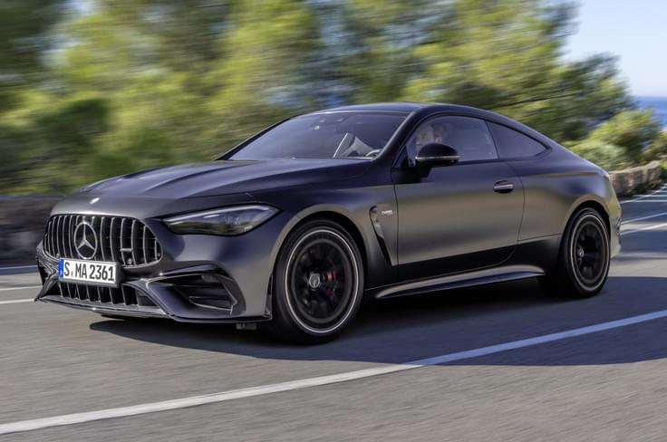 Mercedes AMG CLE 53 Coupe front three quarter tracking Mercedes AMG CLE 53 Coupe on road