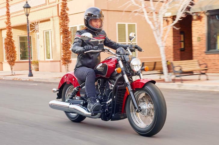 Indian Scout Classic front right angle riding shot on road