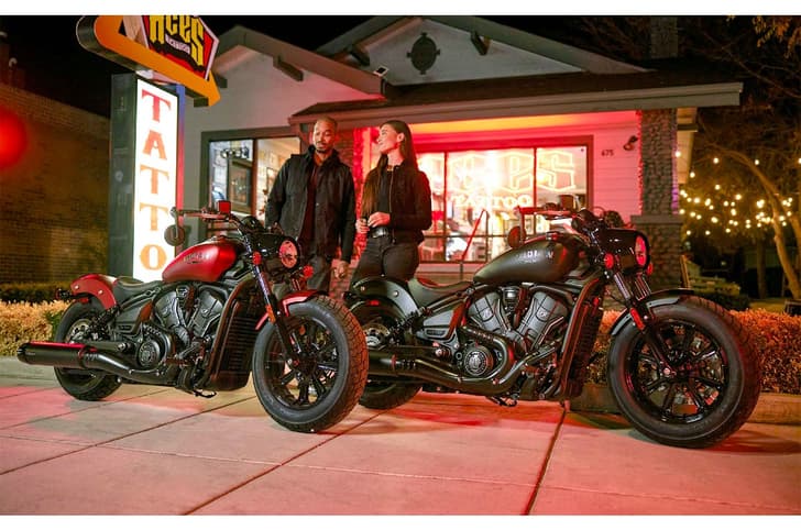 Indian Scout Bobber two bikes parked side by side