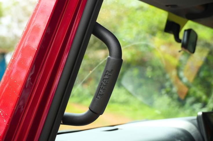 The A-pillar get chunky grab handles to help hoist yourself into the cabin. Mahindra Thar grab handles