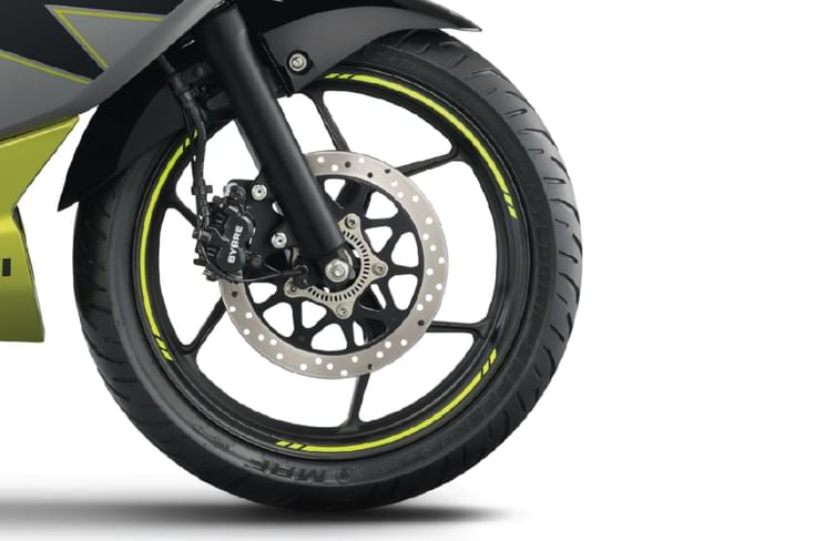 The Gixxer and Gixxer SF come with single-channel ABS. Gixxer, Gixxer SF front wheel