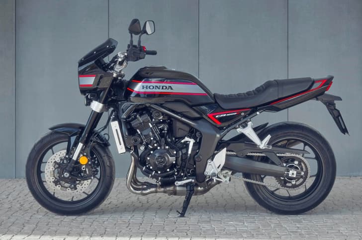 Honda CB1000F left side profile static shot in parking lot