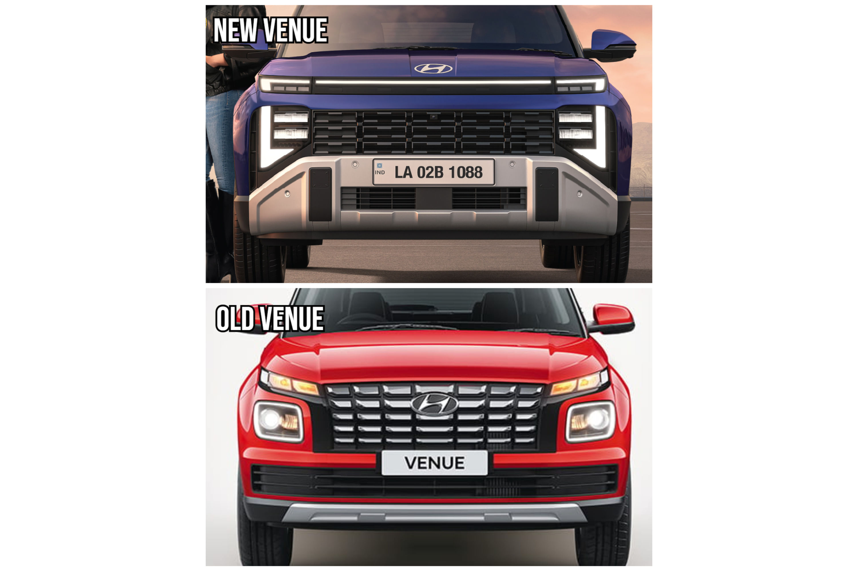 New Venue's fascia features an LED light bar with L-shaped DRLs, lower-set grille, and chunkier skid plate.