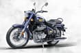 The Bullet 650 Twin carries that unmistakable bullet identity with pin-stripes, spoke-wheels and upright seating Royal Enfield Bullet 650 Twin Blue front three quarter