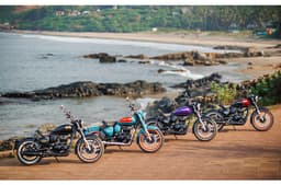 Royal Enfield Goan Classic 350 all colour options lined up on a beach