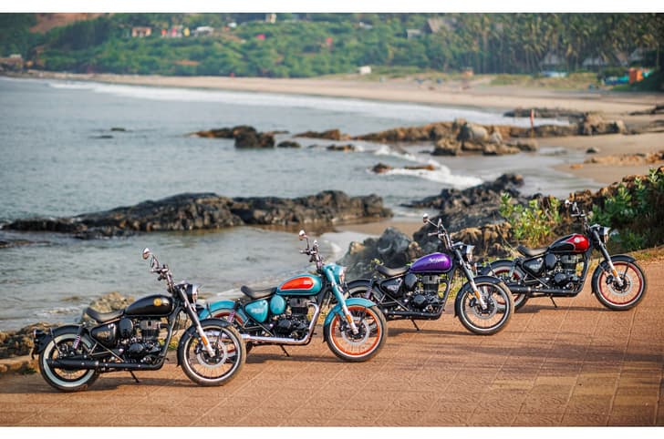 Royal Enfield Goan Classic 350 all colour options lined up on a beach