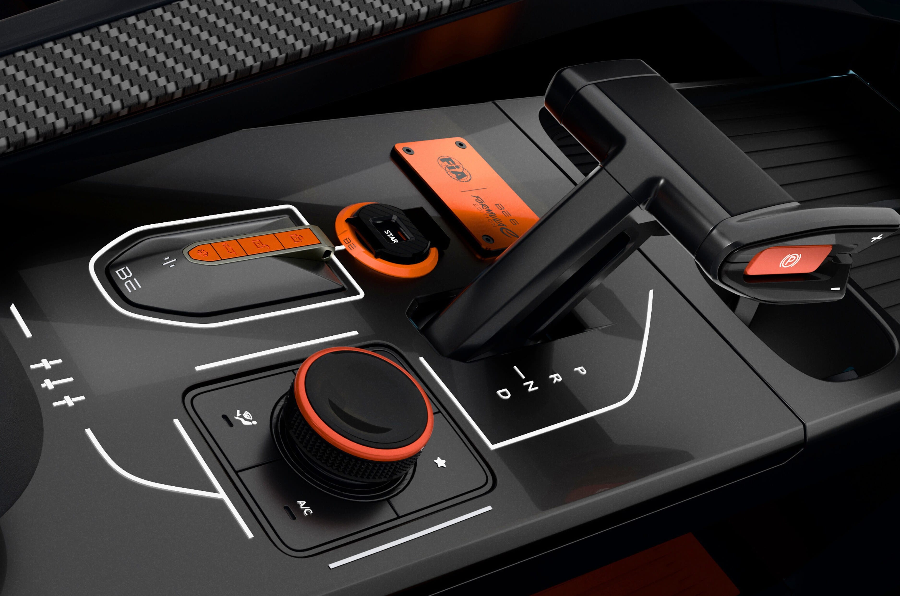 The center console gets orange highlights, a redesigned drive selector and Formula E branding with FIA X Formula E Edition plaque.