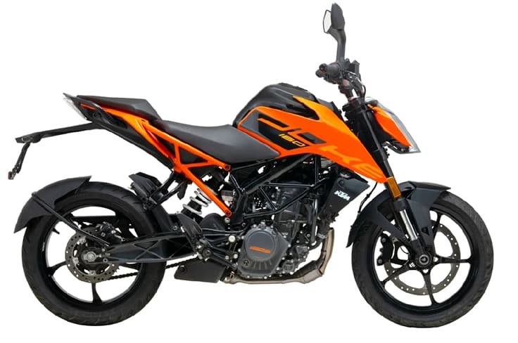 It is powered by a new 164cc, liquid-cooled, single-cylinder engine making 19hp and 15.5Nm of torque. KTM 160 Duke orange colour right side profile static in studio