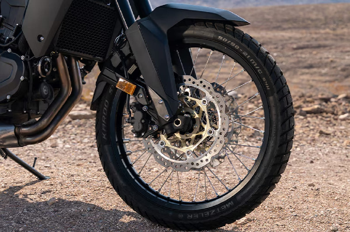 The bike runs on a 21-inch front and 18-inch rear wheel. 