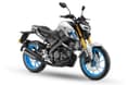 At 141kg, the MT-15 weighs the same as the R15. Yamaha MT-15 Ice Storm DLX colour front right side static in studio