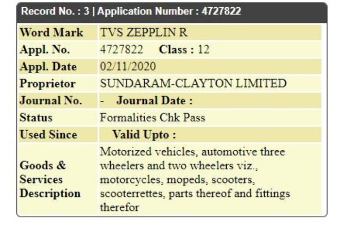 TVS registers Zepplin R name