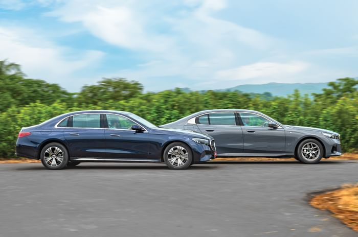 Mercedes E-Class vs BMW 5 Series side pan Mercedes E-Class vs BMW 5 Series side pan