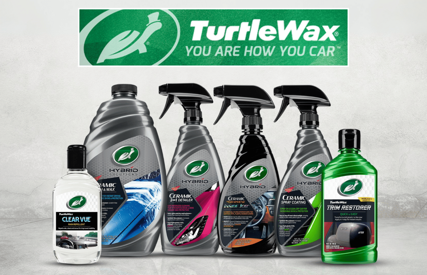 Turtle Wax ClearVue Rain Repellent, Hybrid Solutions Ceramic Wash & Wax, Hybrid Solutions Ceramic Wax 3-in-1 Detailer, Ceramic + Graphene Inside Job, Hybrid Solutions Ceramic Acrylic Black Wax, Trim Restorer